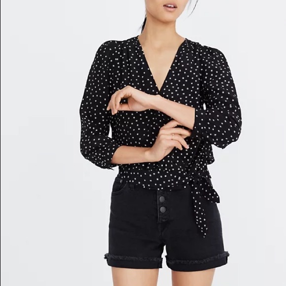 Madewell Star Scatter Blouse - Silk black & White tie sleeve French top - Picture 2 of 8